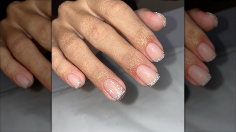 Silver glitter french manicure