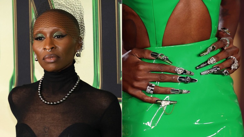 Split image of Cynthia Erivo and her long Wicked nails