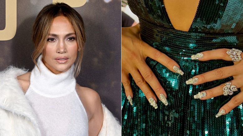 Split image of Jennifer Lopez and her embellished nails