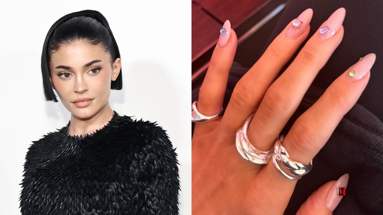 Split image of Kylie Jenner and her nail gem manicure