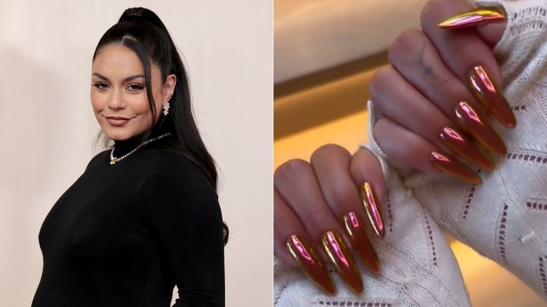 Split image of Vanessa Hudgen and close-up of her two-tone chrome nails