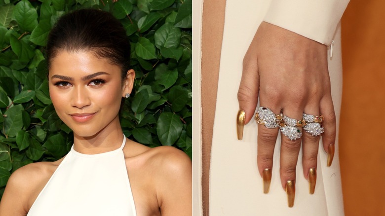 Split image of Zendaya and her sheer gold nails