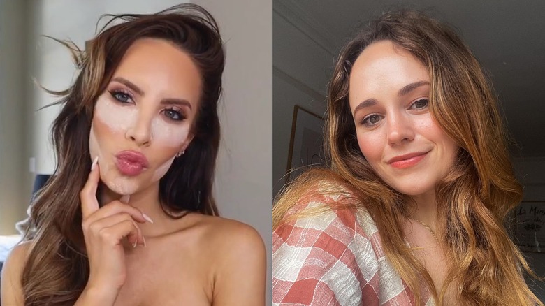 Woman baking her makeup and a woman without powder