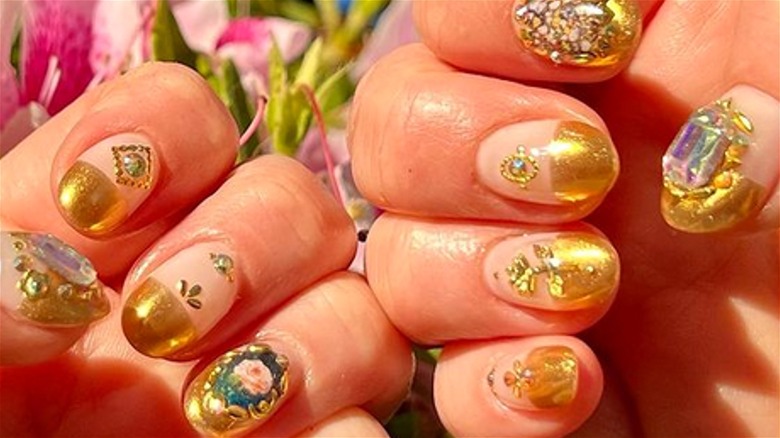 Bejeweled gold French manicure