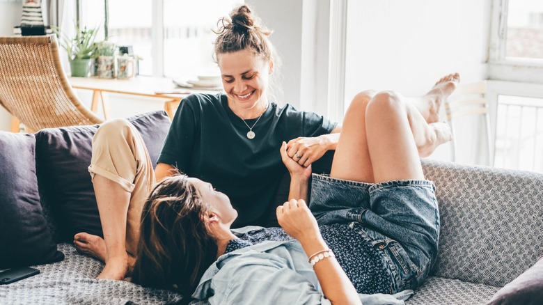 Two people laughing