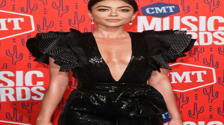 Sarah Hyland on the red carpet in a dress with large shoulders