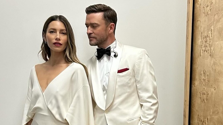 Justin Timberlake looking at Jessica Biel