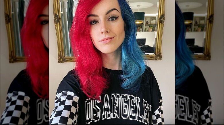 Woman with red and blue hair