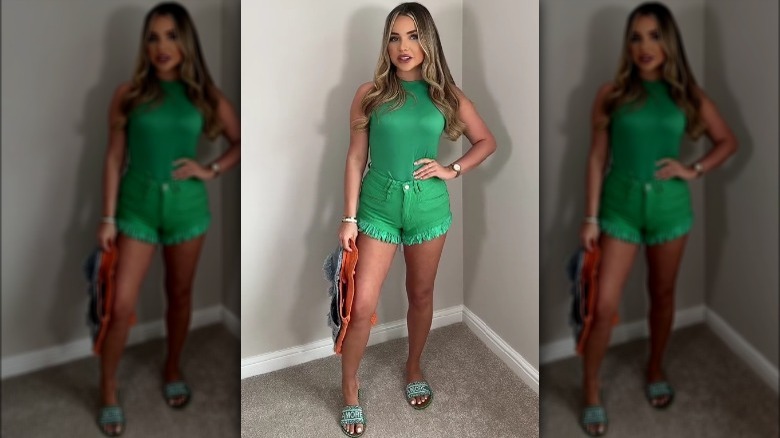 Green denim shorts and top