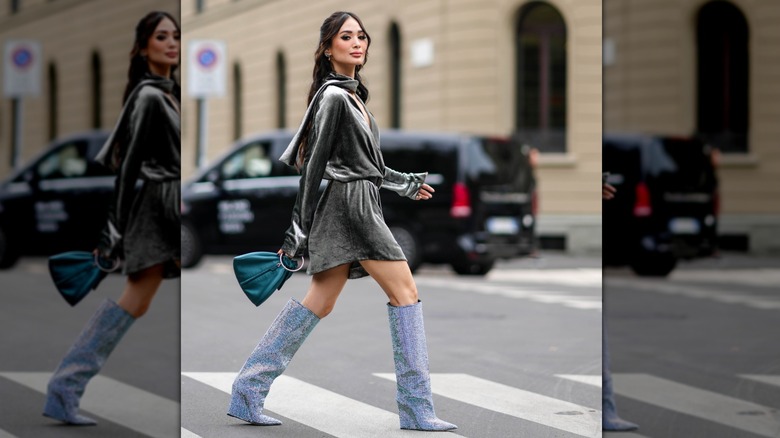 Heart Evangelista in metallic statement boots and a velvet dress