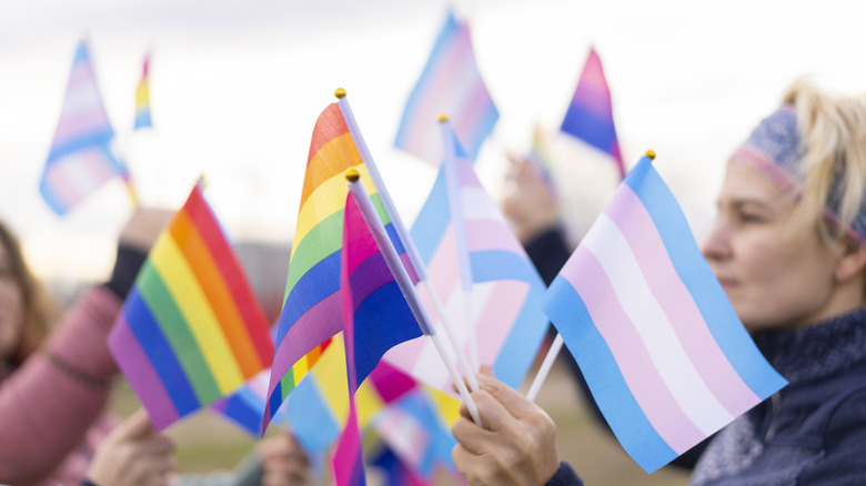 Women hold LGBTQ Pride and Transgender Pride flags. 