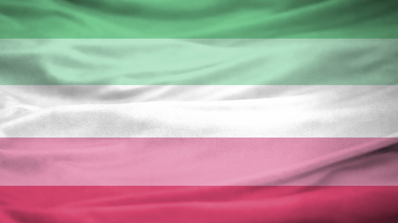 Pride flag representing abrosexuality, made up of green, white, and pink stripes