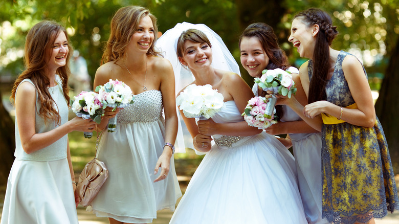 Bridal party gathered together 