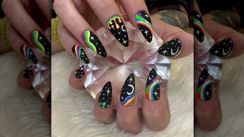 Black nails with rainbow colors
