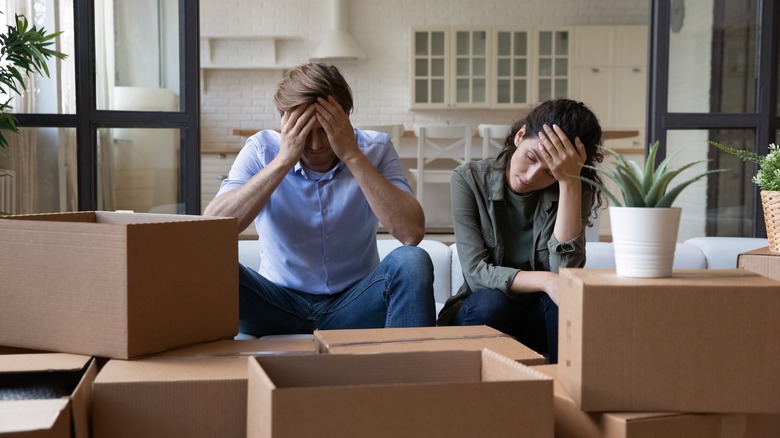 Couple stressed after moving boxes