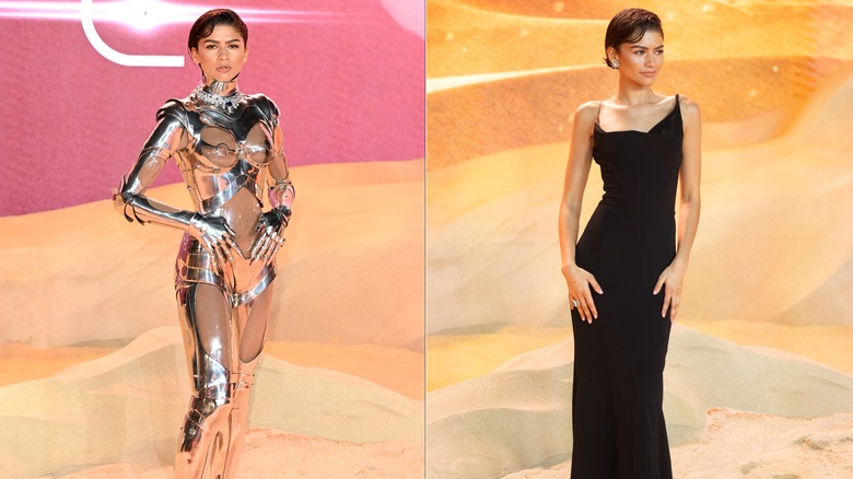 Split image of Zendaya's two outfits for the "Dune: Part Two" premiere in London